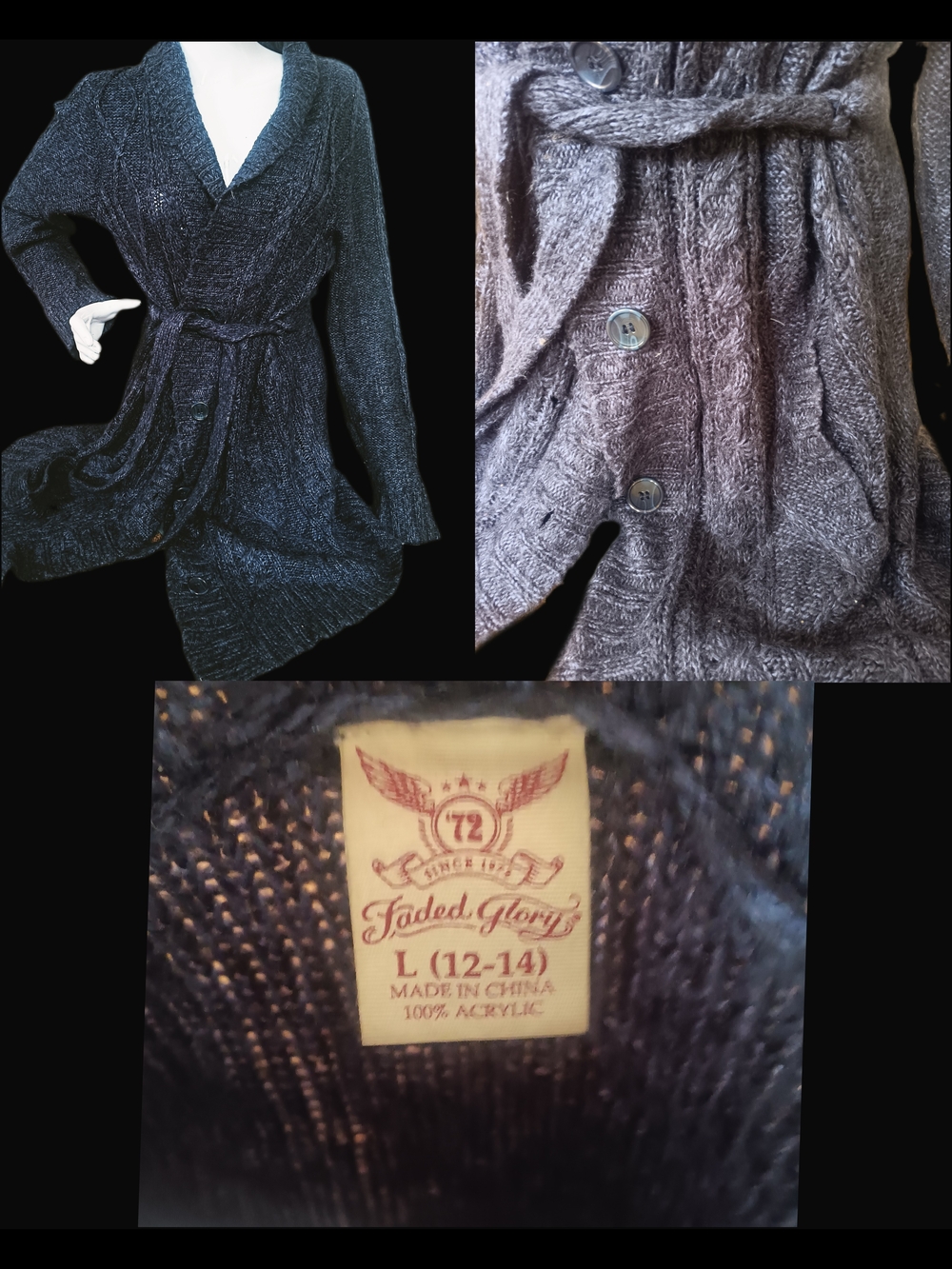 Faded Glory Women's Deep Blue Knit Belted Cardigan Jacket